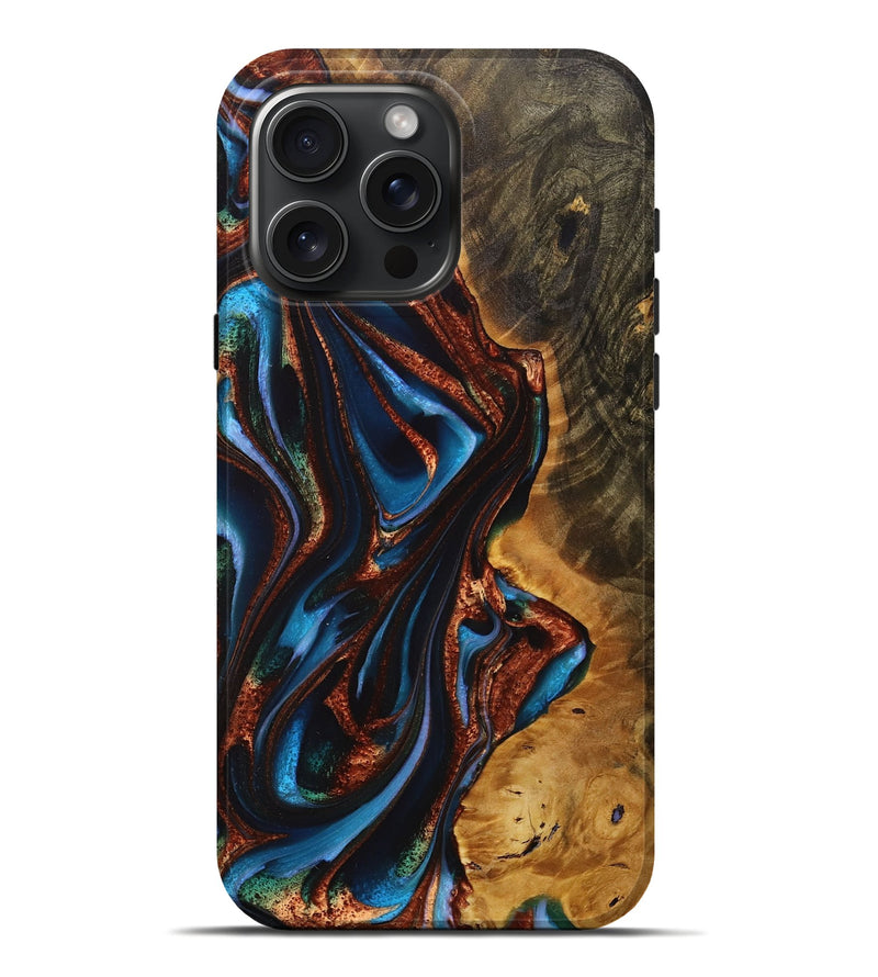 iPhone 16 Pro Max Wood+Resin Live Edge Phone Case - Dorothy (Teal & Gold, 717214)