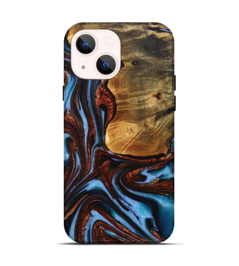 iPhone 14 Wood+Resin Live Edge Phone Case - Rene (Teal & Gold, 717216)