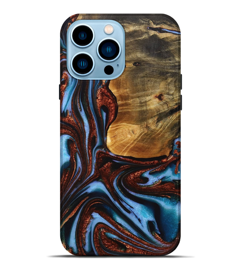 iPhone 14 Pro Max Wood+Resin Live Edge Phone Case - Rene (Teal & Gold, 717216)