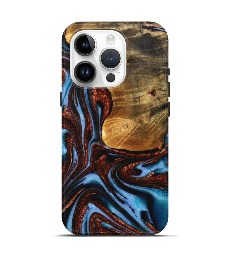 iPhone 15 Pro Wood+Resin Live Edge Phone Case - Rene (Teal & Gold, 717216)