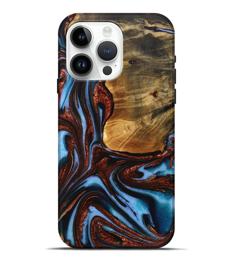 iPhone 15 Pro Max Wood+Resin Live Edge Phone Case - Rene (Teal & Gold, 717216)