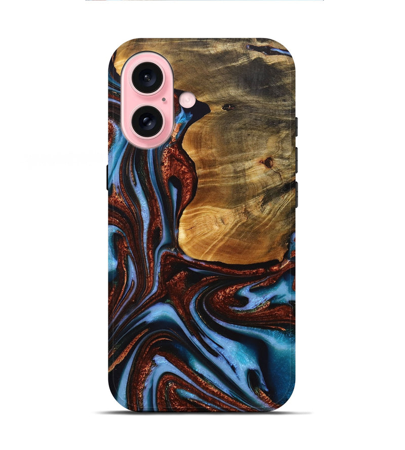 iPhone 16 Wood+Resin Live Edge Phone Case - Rene (Teal & Gold, 717216)