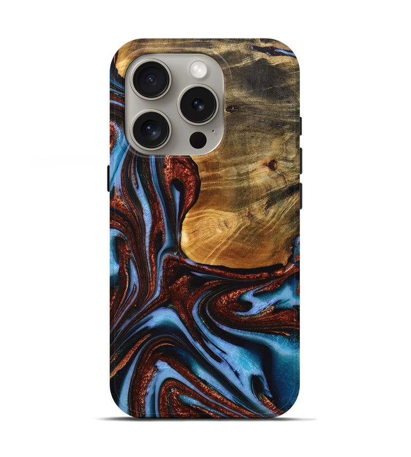 iPhone 16 Pro Wood+Resin Live Edge Phone Case - Rene (Teal & Gold, 717216)