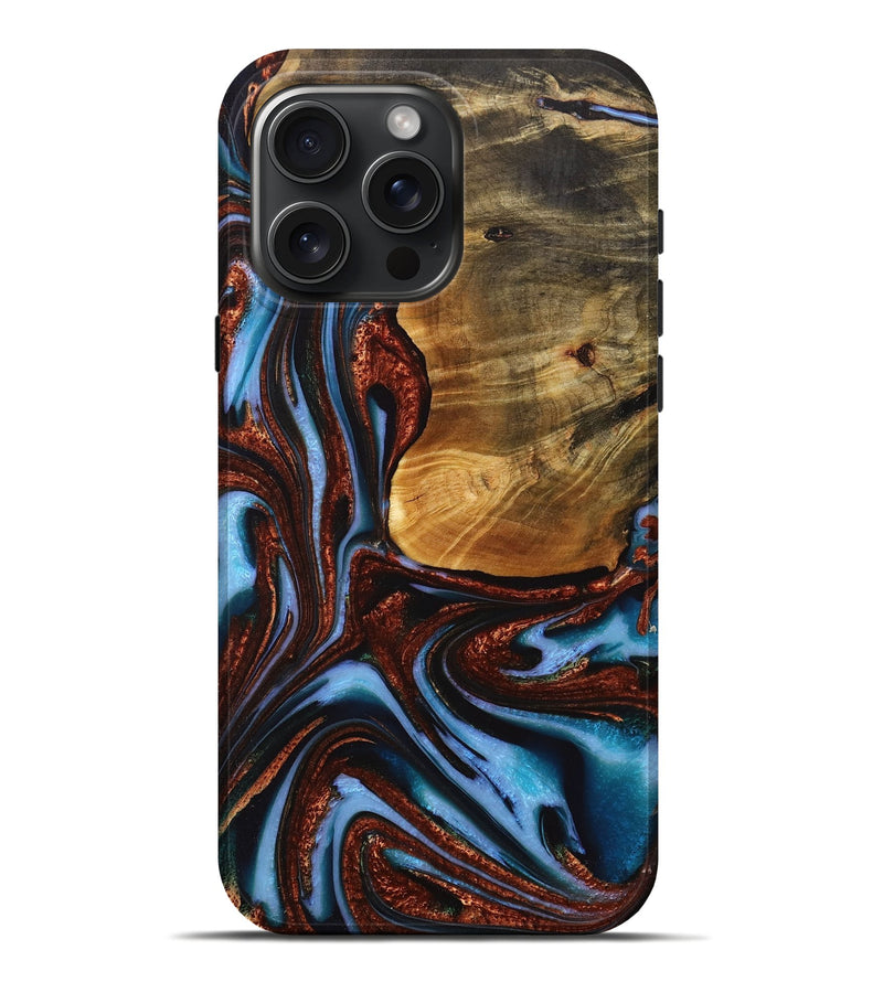 iPhone 16 Pro Max Wood+Resin Live Edge Phone Case - Rene (Teal & Gold, 717216)