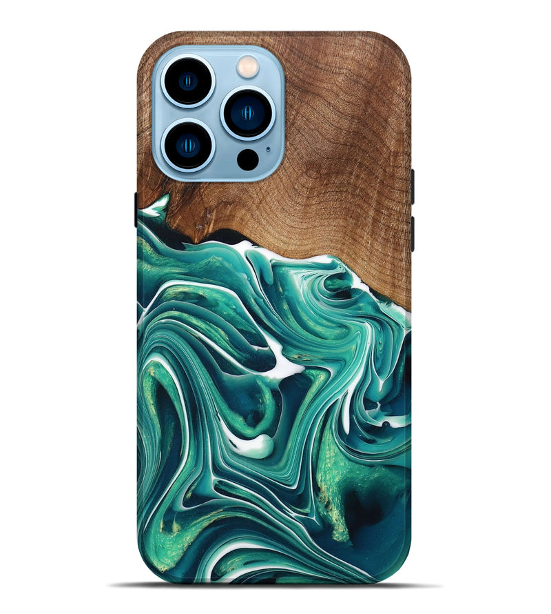 iPhone 14 Pro Max Wood+Resin Live Edge Phone Case - Erin (Green, 717223)