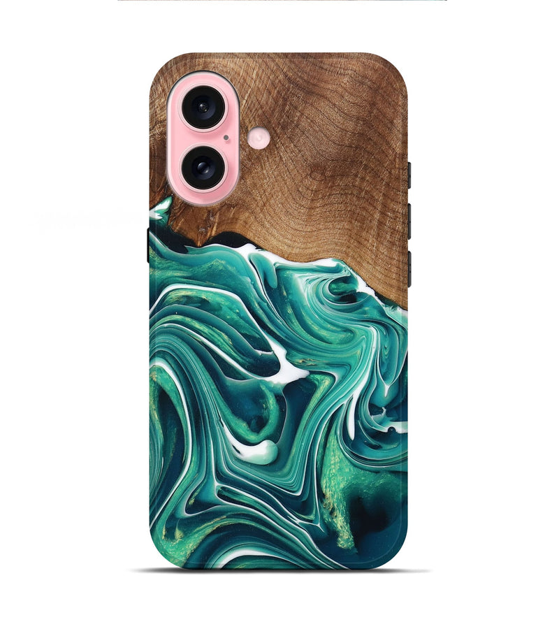 iPhone 16 Wood+Resin Live Edge Phone Case - Erin (Green, 717223)