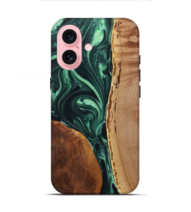 iPhone 16 Wood+Resin Live Edge Phone Case - Edmund (Green, 717224)