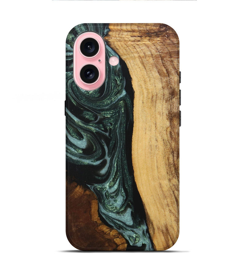 iPhone 16 Wood+Resin Live Edge Phone Case - Paul (Green, 717479)