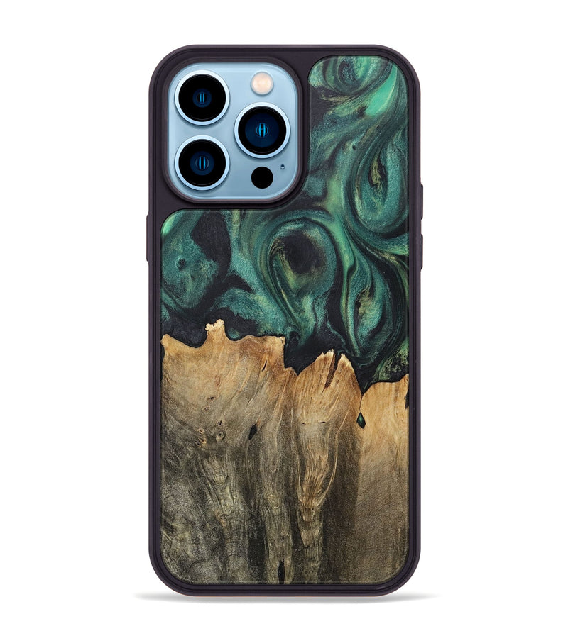 iPhone 14 Pro Max Wood+Resin Phone Case - Jeremiah (Green, 717578)