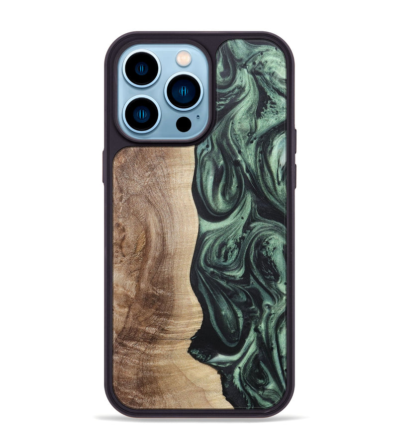 iPhone 14 Pro Max Wood+Resin Phone Case - Cindy (Green, 717586)