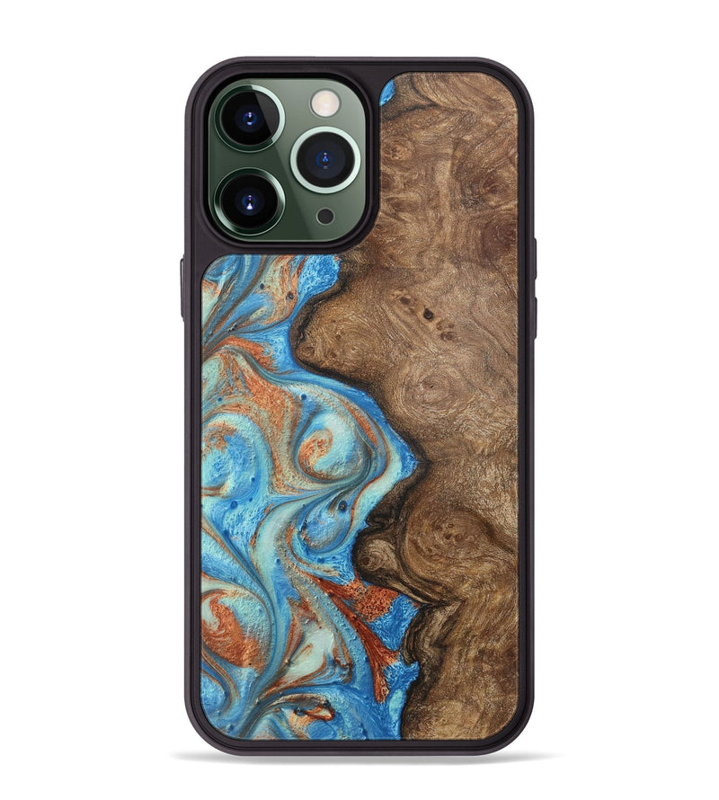 iPhone 13 Pro Max Wood+Resin Phone Case - Jordyn (Teal & Gold, 717628)