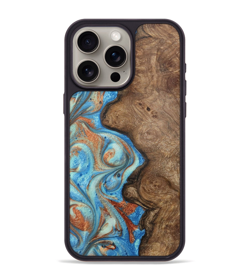 iPhone 15 Pro Max Wood+Resin Phone Case - Jordyn (Teal & Gold, 717628)