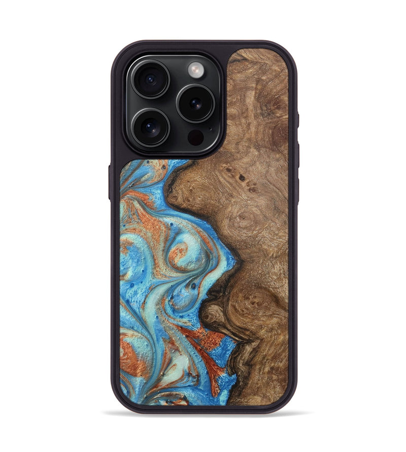 iPhone 15 Pro Wood+Resin Phone Case - Jordyn (Teal & Gold, 717628)