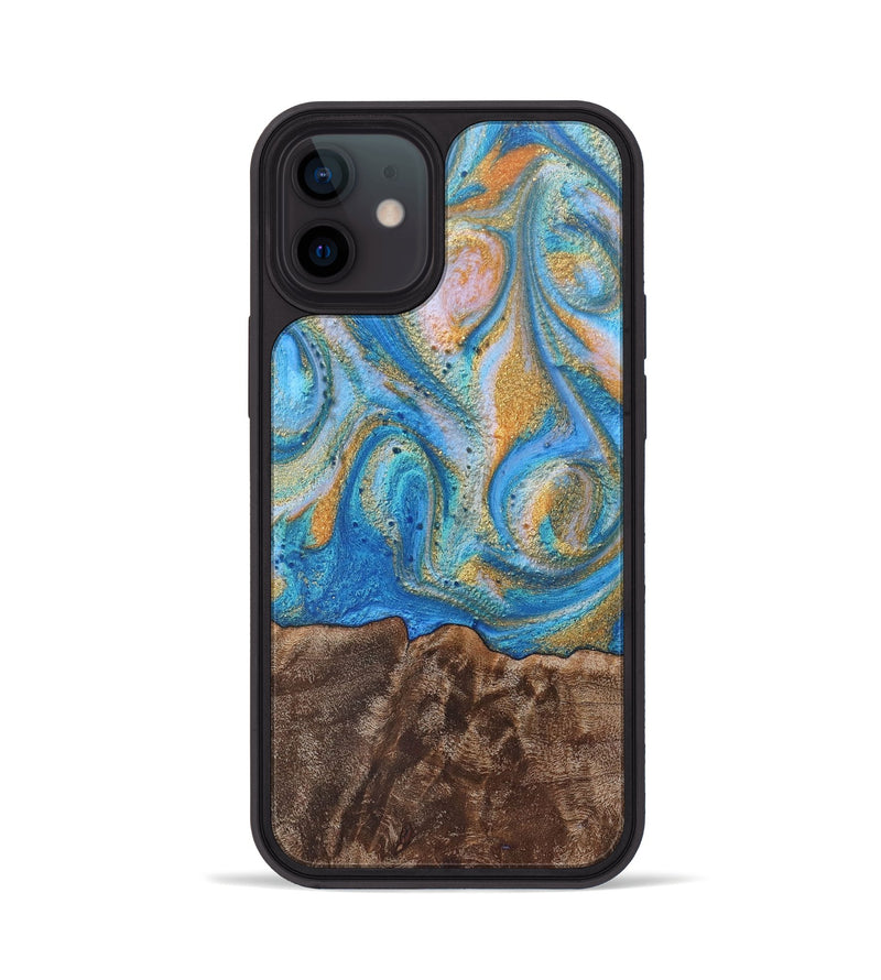 iPhone 12 Wood+Resin Phone Case - Hanna (Teal & Gold, 717631)