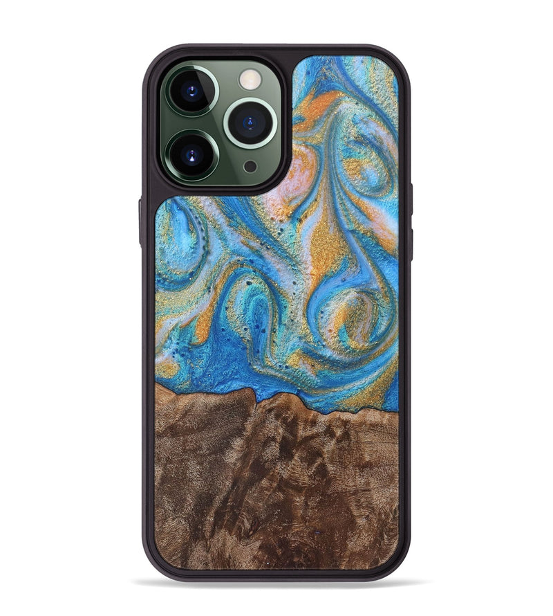 iPhone 13 Pro Max Wood+Resin Phone Case - Hanna (Teal & Gold, 717631)