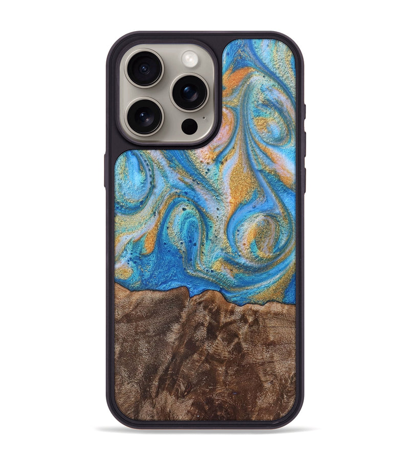 iPhone 15 Pro Max Wood+Resin Phone Case - Hanna (Teal & Gold, 717631)