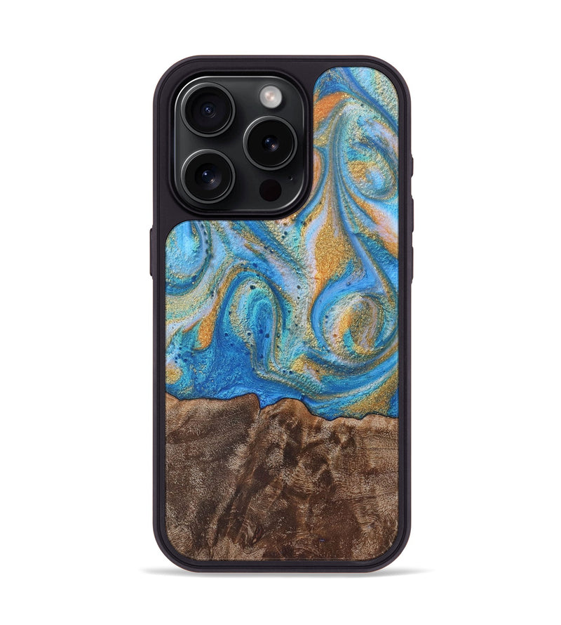 iPhone 15 Pro Wood+Resin Phone Case - Hanna (Teal & Gold, 717631)