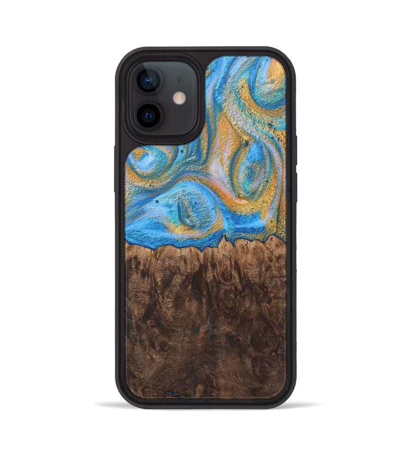 iPhone 12 Wood+Resin Phone Case - Ezekiel (Teal & Gold, 717632)