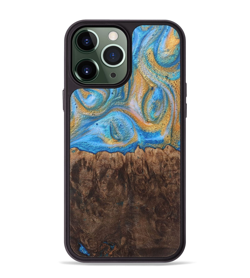 iPhone 13 Pro Max Wood+Resin Phone Case - Ezekiel (Teal & Gold, 717632)