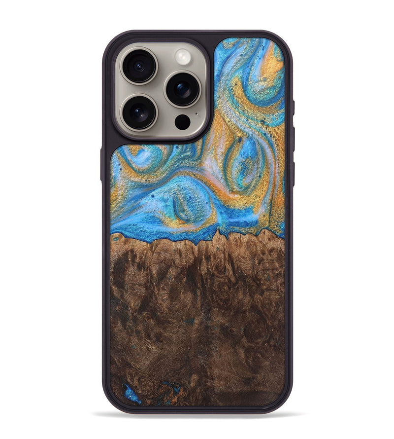 iPhone 15 Pro Max Wood+Resin Phone Case - Ezekiel (Teal & Gold, 717632)