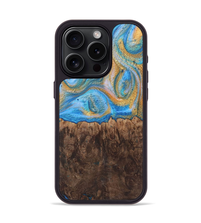 iPhone 15 Pro Wood+Resin Phone Case - Ezekiel (Teal & Gold, 717632)