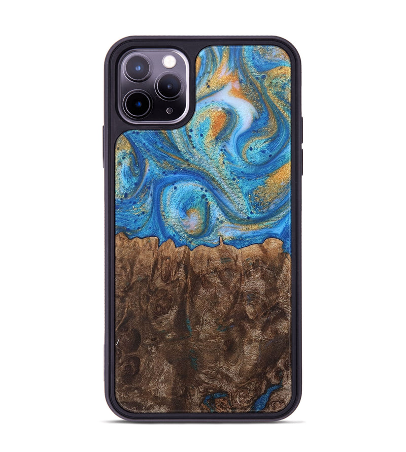 iPhone 11 Pro Max Wood+Resin Phone Case - Crystal (Teal & Gold, 717633)