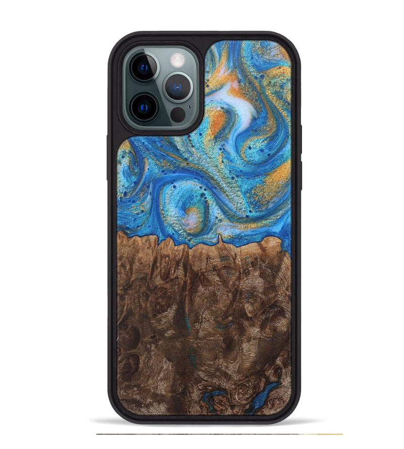 iPhone 12 Pro Max Wood+Resin Phone Case - Crystal (Teal & Gold, 717633)