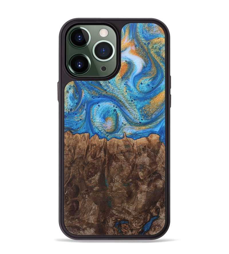 iPhone 13 Pro Max Wood+Resin Phone Case - Crystal (Teal & Gold, 717633)