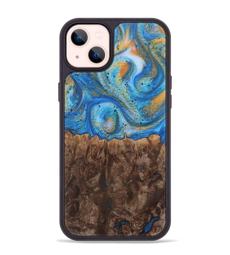 iPhone 14 Plus Wood+Resin Phone Case - Crystal (Teal & Gold, 717633)