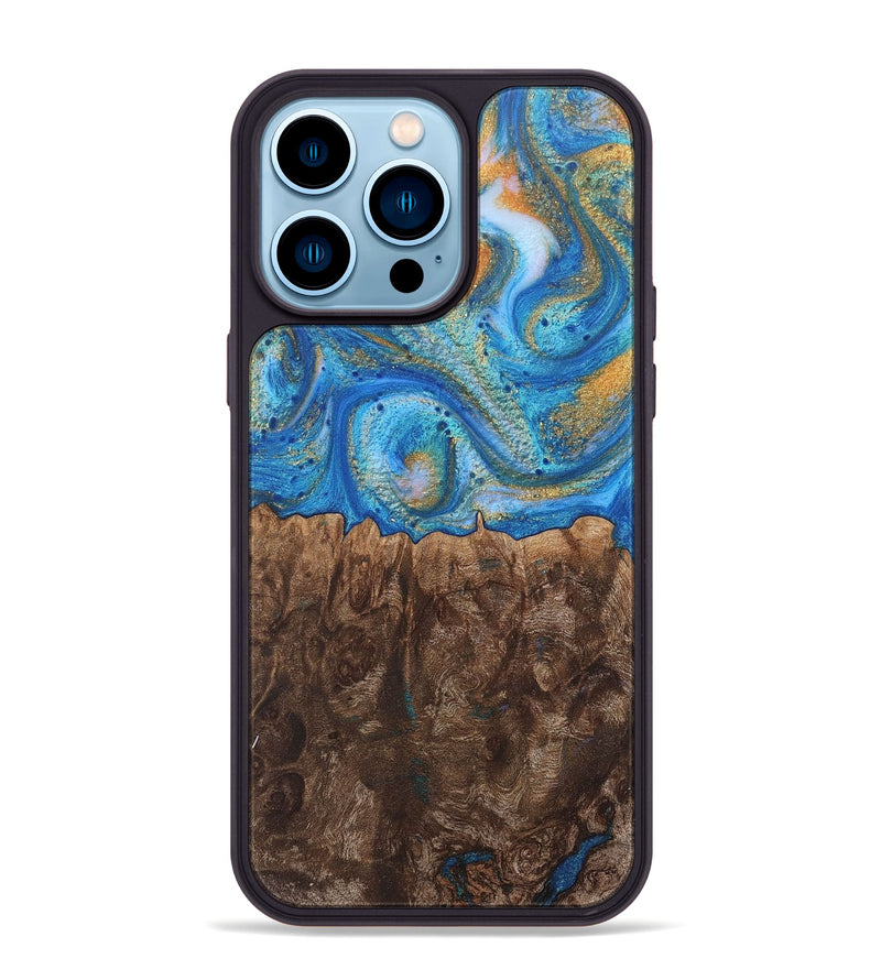 iPhone 14 Pro Max Wood+Resin Phone Case - Crystal (Teal & Gold, 717633)