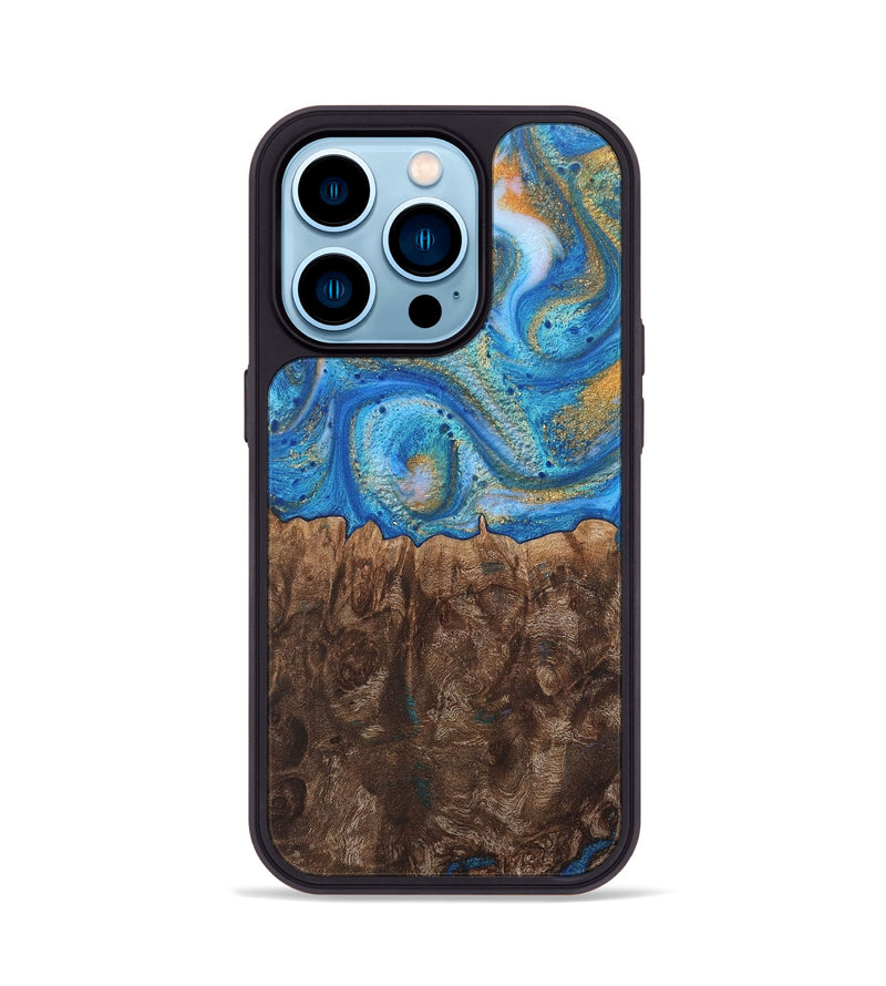 iPhone 14 Pro Wood+Resin Phone Case - Crystal (Teal & Gold, 717633)