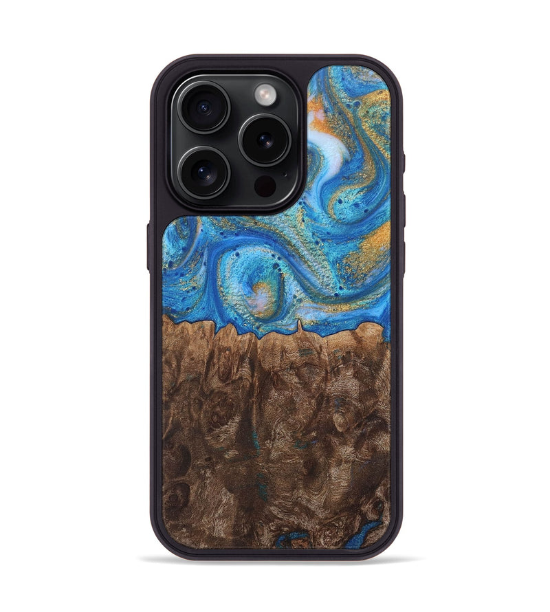 iPhone 15 Pro Wood+Resin Phone Case - Crystal (Teal & Gold, 717633)