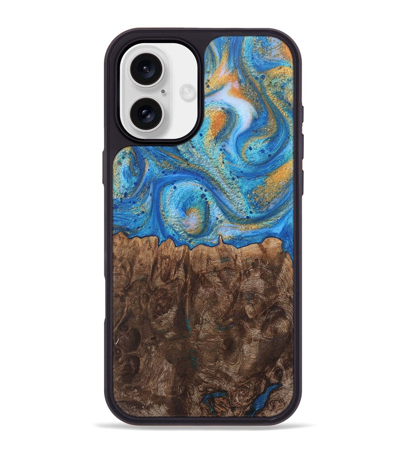 iPhone 16 Plus Wood+Resin Phone Case - Crystal (Teal & Gold, 717633)