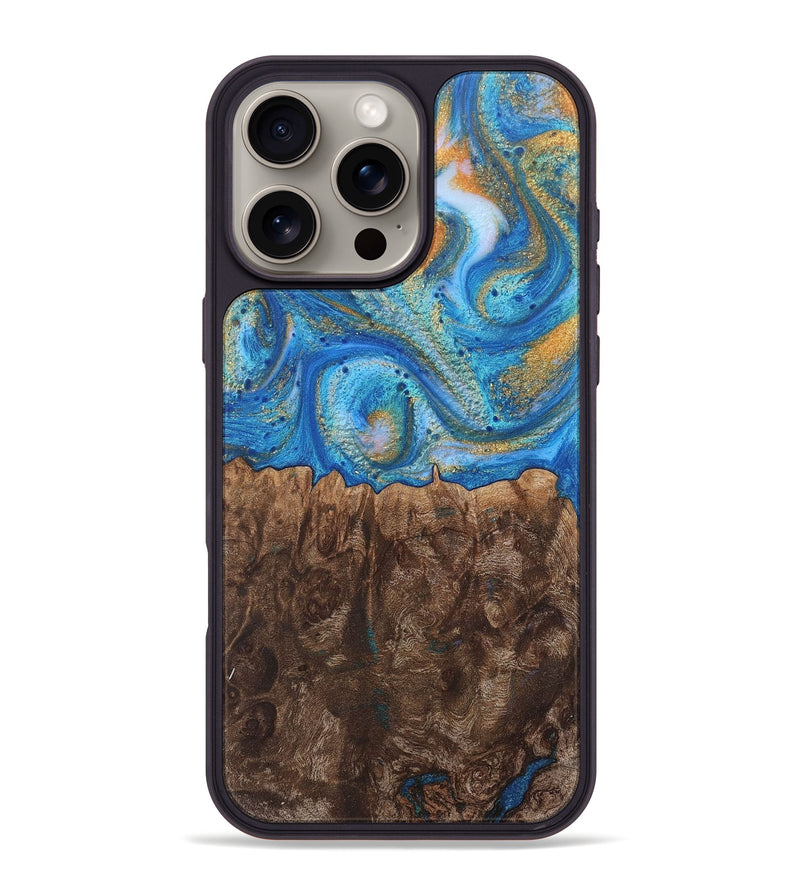 iPhone 16 Pro Max Wood+Resin Phone Case - Crystal (Teal & Gold, 717633)