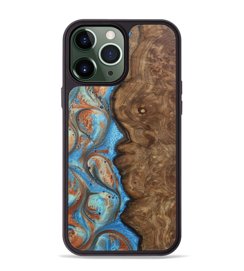 iPhone 13 Pro Max Wood+Resin Phone Case - Brianna (Teal & Gold, 717634)