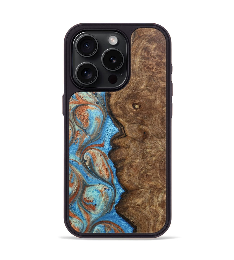 iPhone 15 Pro Wood+Resin Phone Case - Brianna (Teal & Gold, 717634)