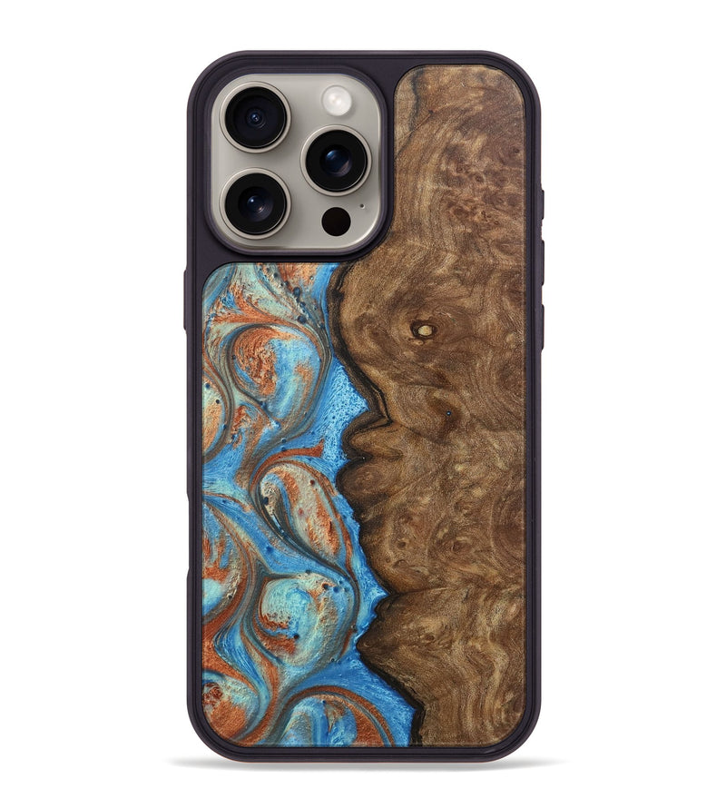 iPhone 16 Pro Max Wood+Resin Phone Case - Brianna (Teal & Gold, 717634)