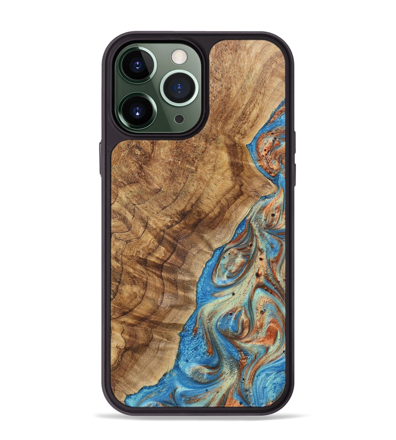 iPhone 13 Pro Max Wood+Resin Phone Case - Felix (Teal & Gold, 717637)