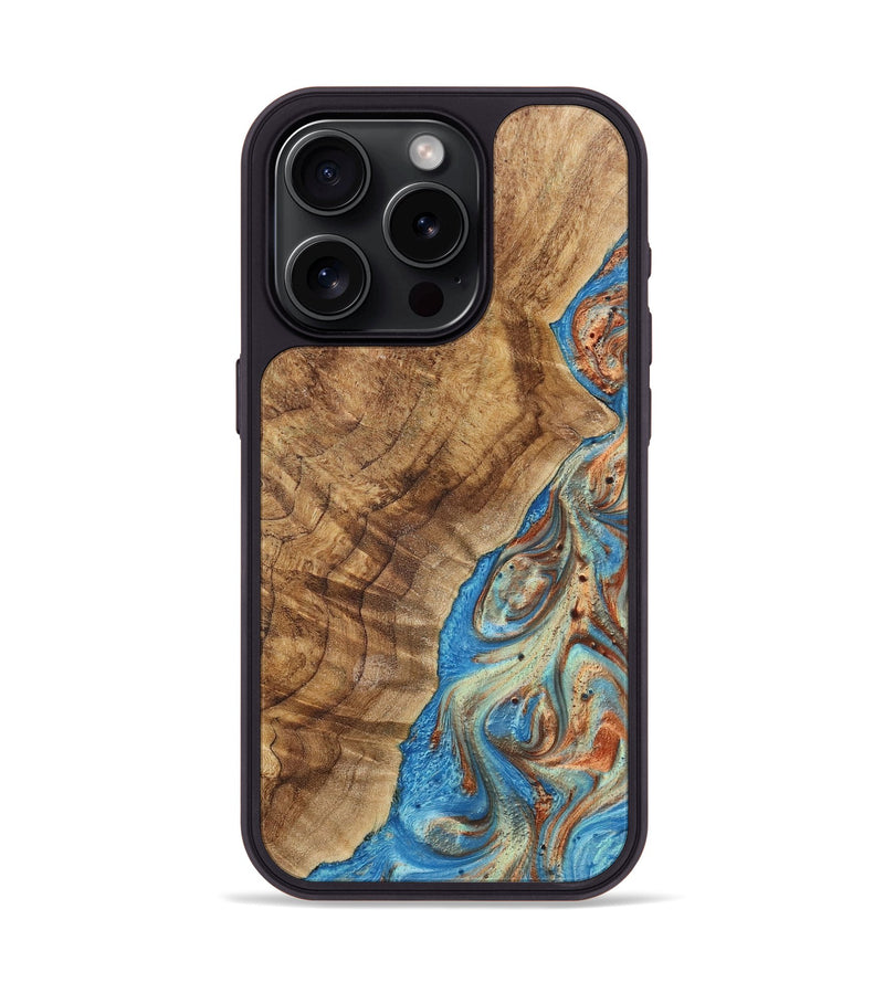 iPhone 15 Pro Wood+Resin Phone Case - Felix (Teal & Gold, 717637)