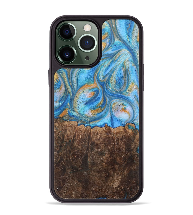 iPhone 13 Pro Max Wood+Resin Phone Case - Aspen (Teal & Gold, 717641)