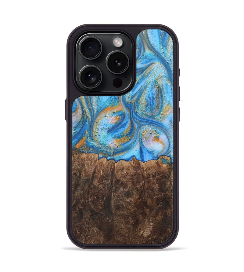 iPhone 15 Pro Wood+Resin Phone Case - Aspen (Teal & Gold, 717641)