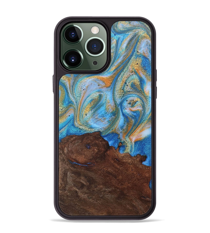 iPhone 13 Pro Max Wood+Resin Phone Case - Sullivan (Teal & Gold, 717643)