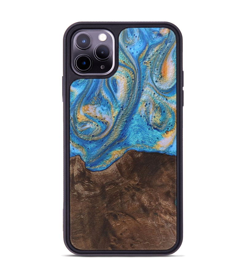 iPhone 11 Pro Max Wood+Resin Phone Case - Joy (Teal & Gold, 717644)