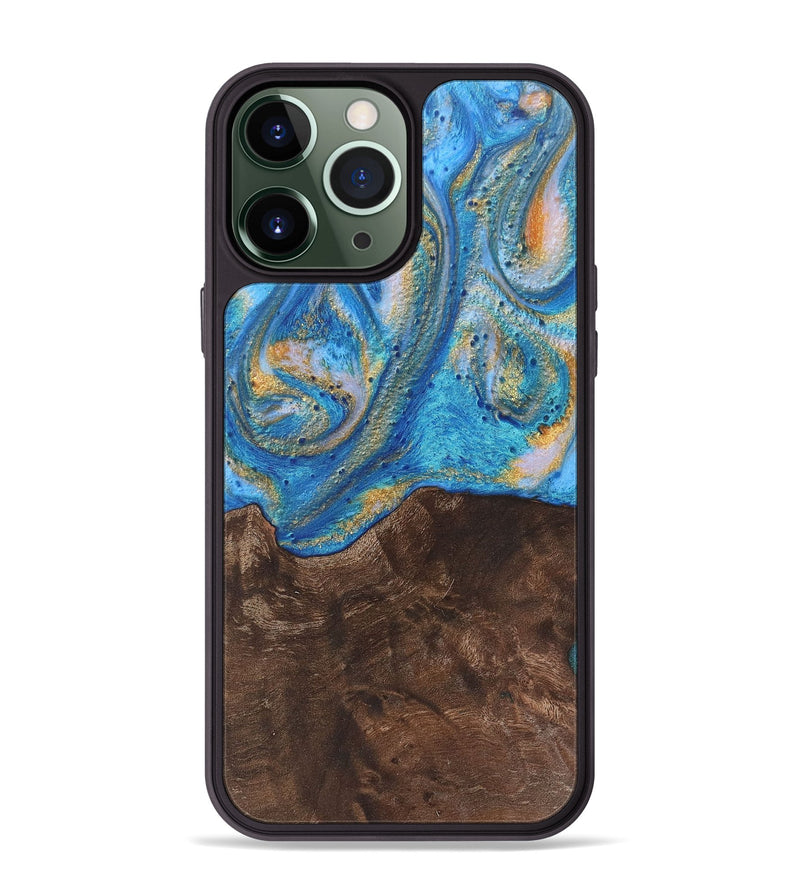 iPhone 13 Pro Max Wood+Resin Phone Case - Joy (Teal & Gold, 717644)