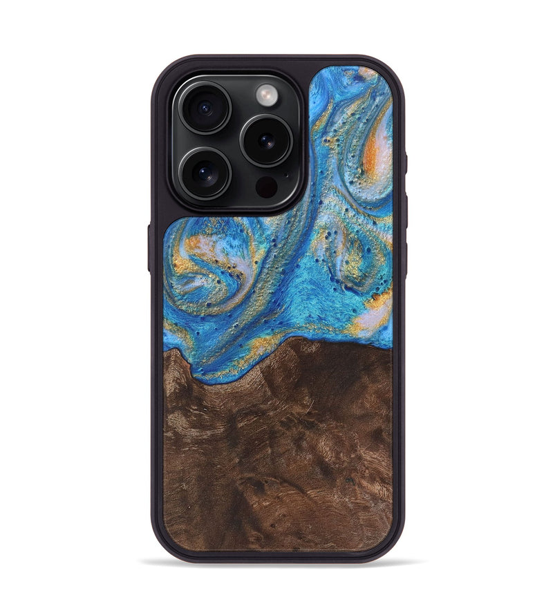 iPhone 15 Pro Wood+Resin Phone Case - Joy (Teal & Gold, 717644)