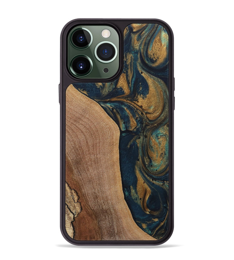 iPhone 13 Pro Max Wood+Resin Phone Case - Kairo (Teal & Gold, 717645)