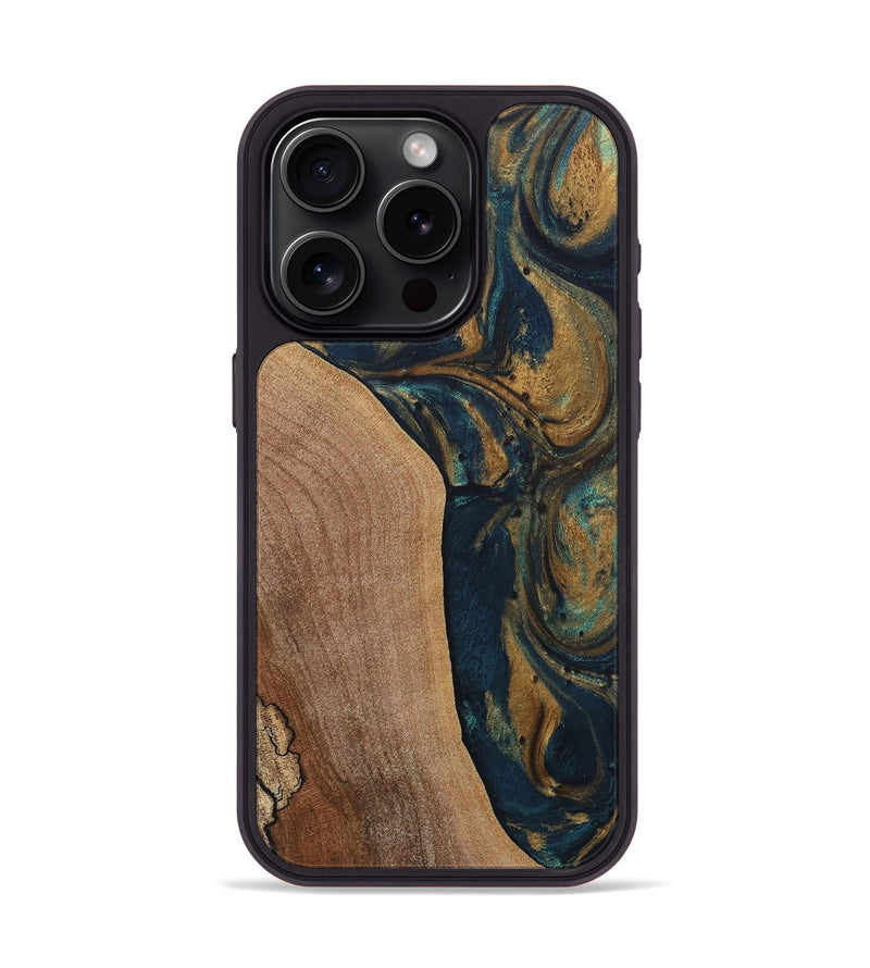 iPhone 15 Pro Wood+Resin Phone Case - Kairo (Teal & Gold, 717645)