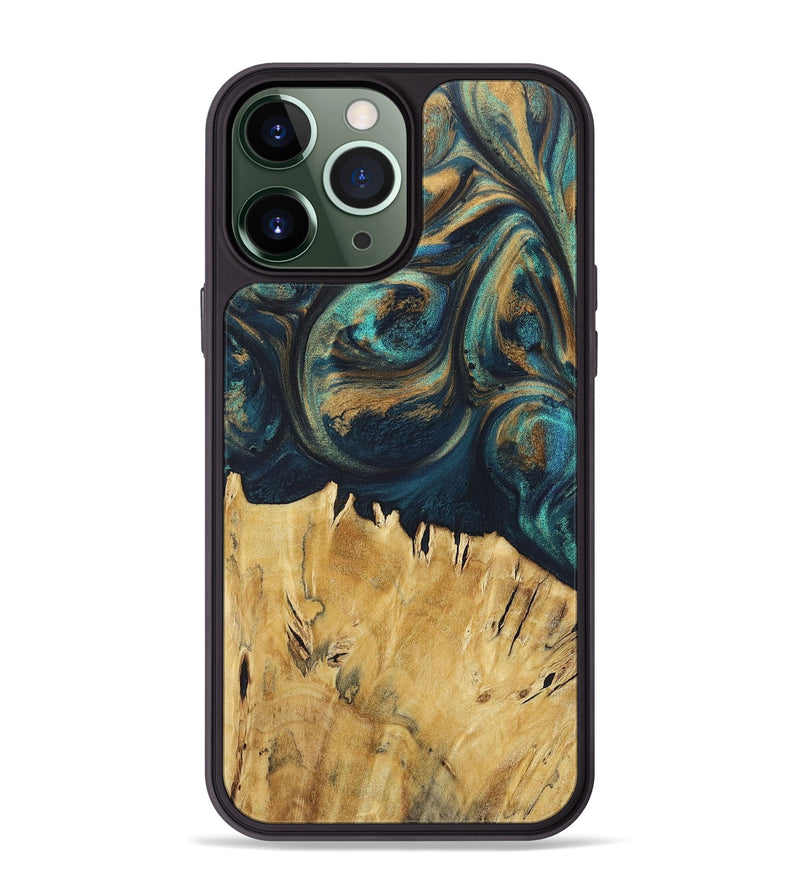 iPhone 13 Pro Max Wood+Resin Phone Case - Madilyn (Teal & Gold, 717647)