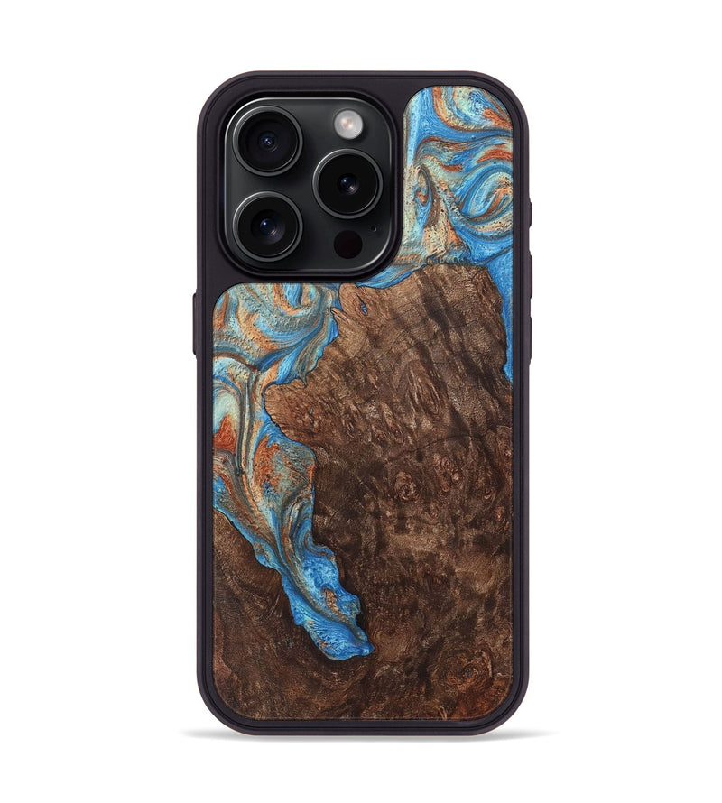 iPhone 15 Pro Wood+Resin Phone Case - Darrell (Teal & Gold, 717650)