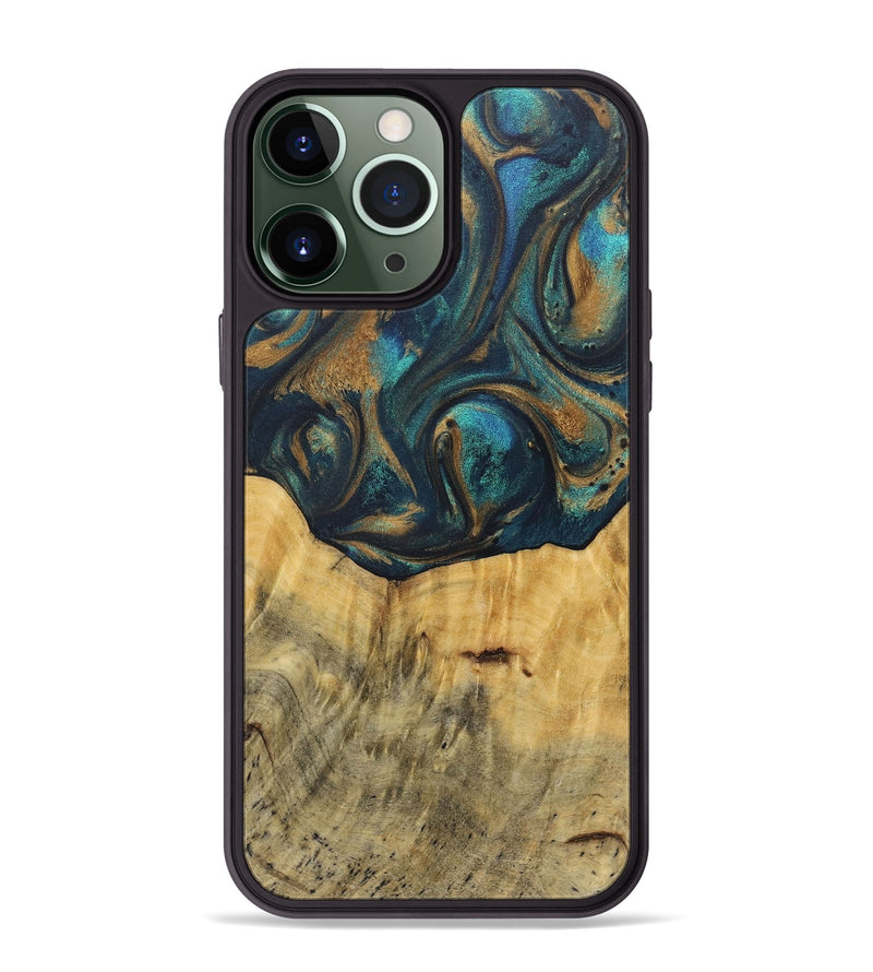 iPhone 13 Pro Max Wood+Resin Phone Case - Rocky (Teal & Gold, 717654)